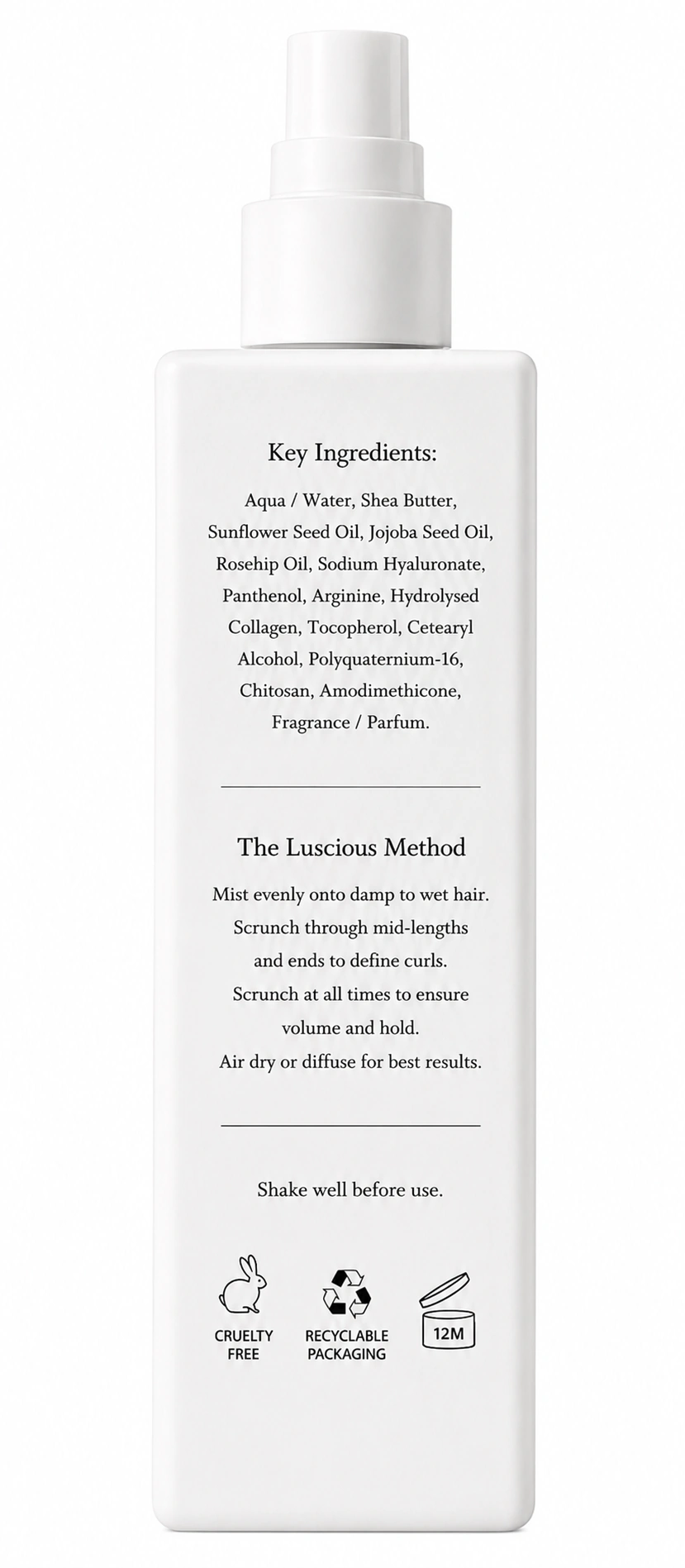 LUSCIOUS. bottle back label showing ingredients